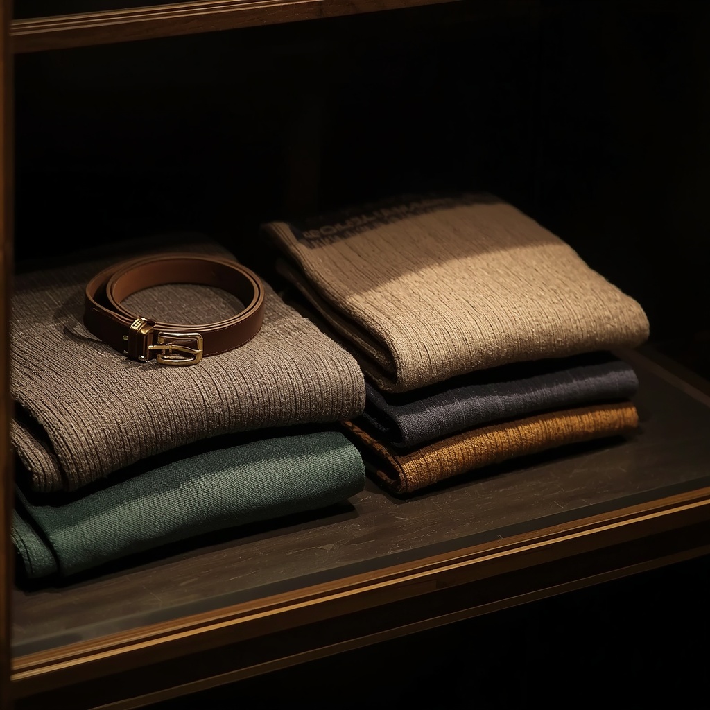 Elegant menswear display featuring folded cashmere sweaters, leather belt, and vintage cufflinks on dark wooden shelf, warm lighting, no people